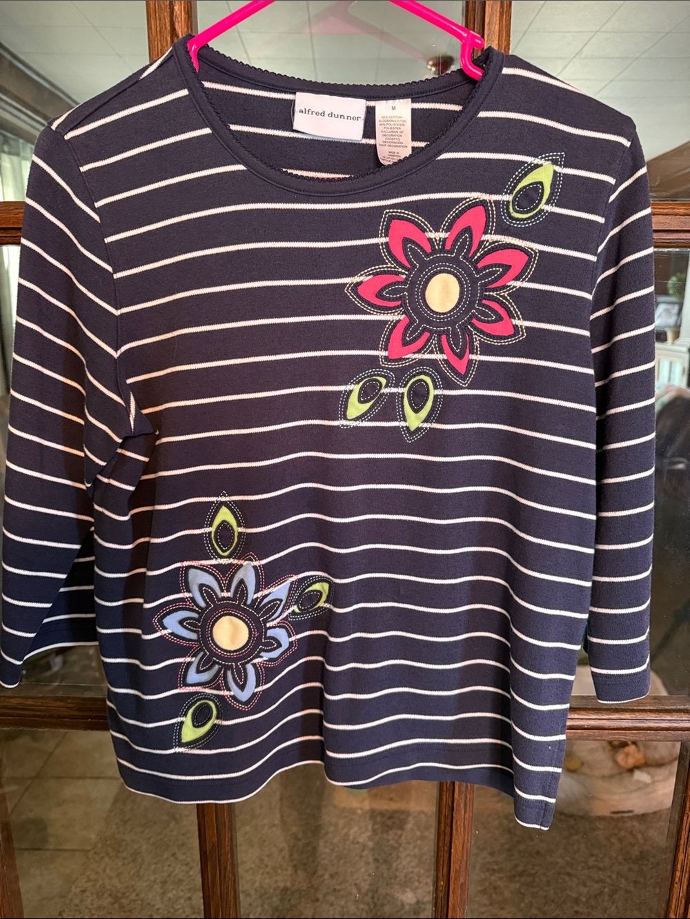 💚3/$25 Alfred Dunner Navy Stripe Long Sleeve Top Pink & Blue Floral Appliqué